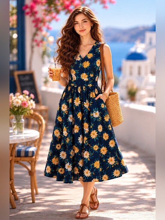 Coldwater Creek Dresses & Skirts - Coldwater Creek Floral Midi Dress Navy Yellow Daisy Cottagecore Boho Medium